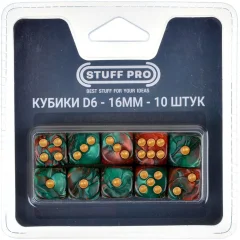 Набор нефритовых кубиков D6 Stuff Pro, 10 шт. (16 мм, красные с зеленым)