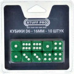 Набор стандартных кубиков D6 Stuff Pro, 10 шт. (16 мм, зелёные)